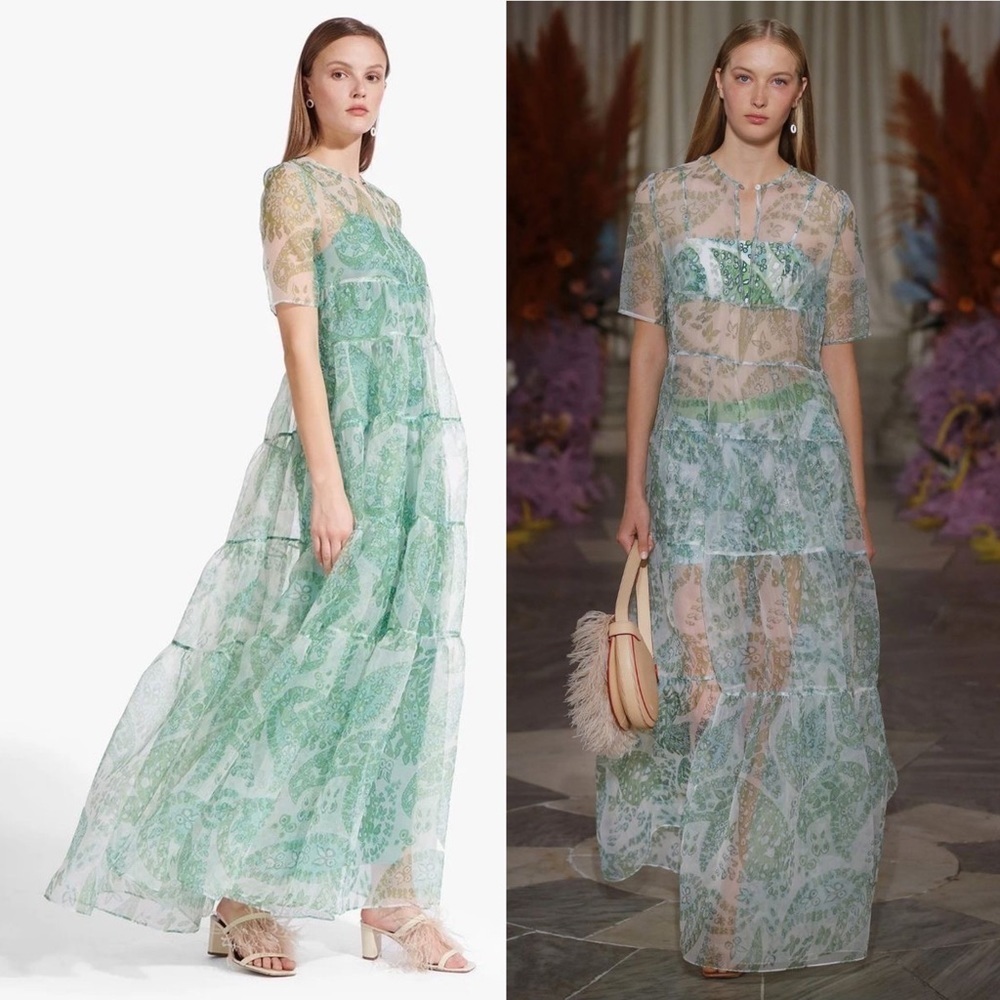 STAUD Cocoon Tiered Organza Paisley Print Maxi Dress Blue Green NEW with tags - Picture 15 of 15